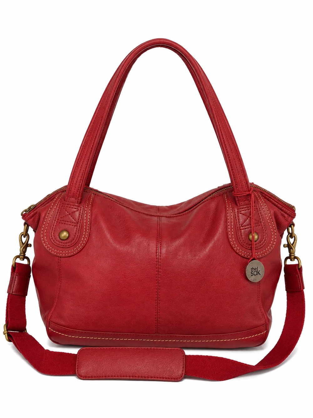 The Sak Red Leather Convertible Shoulder Crossbody Bag Brass Hardware - Picture 2 of 13